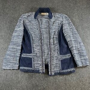 Chicos Mixed Media Tweed Denim Open Front Jacket Blue White Size 0 Small Blazer